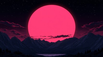 Vibrant pink sunset over a serene mountain range. The dark silhouettes of the mountains contrast beautifully with the bright, bold colors of the sky.