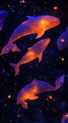 Glowing dolphins swimming through a dark starry space environment