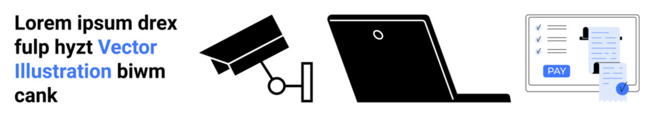 Surveillance camera, laptop, and online payment interface highlight cybersecurity and monitoring. Ideal for online transactions, privacy, data protection, technology, remote work, e-commerce