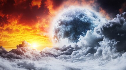Fototapeta premium A celestial sphere emerges from vibrant clouds, a fiery sunset contrasting with a starry night.