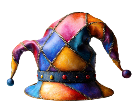 Harlequin Jester Hat Isolated on Transparent Background, Colorful Carnival Costume
