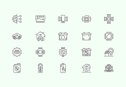 Black Electronic System Technology Line Icons Set