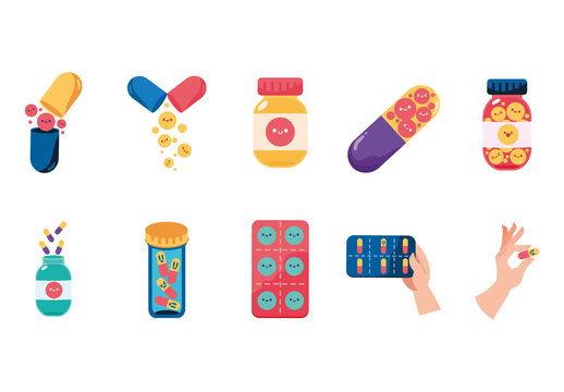 Colorful Happy Pills Medicine Smiling Faces Illustration Set