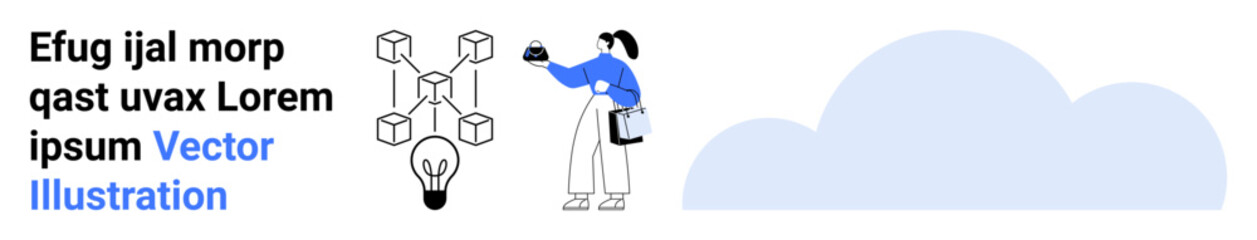 Woman holding a tablet near a blockchain network and lightbulb concept, symbolizing innovation, technology, and cloud innovation. Ideal for tech solutions, creativity, cloud storage, blockchain