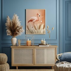 stylish living room with flamingo illustration and cozy decor