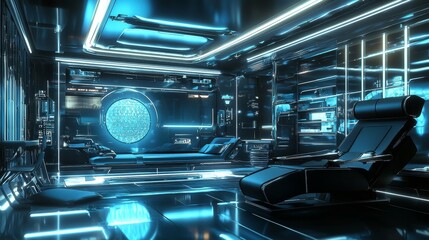 Fototapeta premium Futuristic Scandinavian living room with dark blue recliner and sofa, glowing holographic design elements, sleek metallic accents, neon blue and white lighting