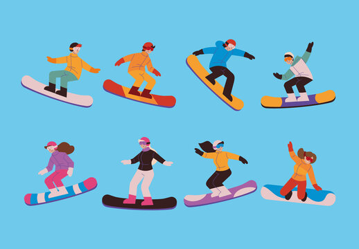 Colorful Snowboarding Winter Sports Extreme Adventure Icons Set