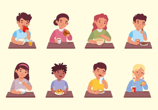 Colorful Kids Eating Breakfast Healthy Food Icons Set