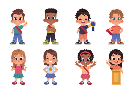 Colorful Happy Children School Achievement Kids Icons Set