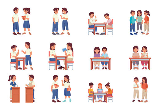 Colorful School Students Discussion Learning Communication Icons Set