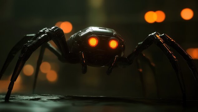 Futuristic spider robot, menacing close-up in dark, glowing orange eyes.