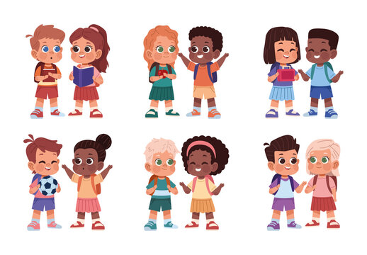 Colorful School Children Social Interaction Illustration Set
