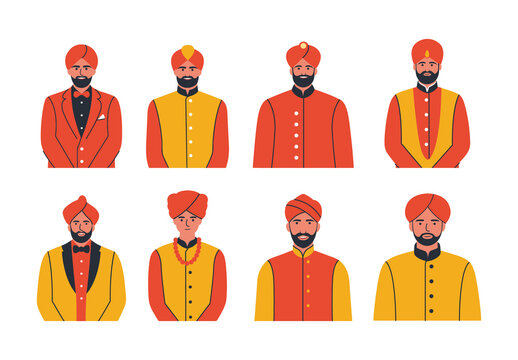 Orange Indian Groom Traditional Cultural Wedding Icons Set