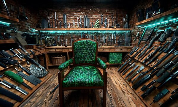 Green chair in a weapon collection room; dimly lit, brick walls; background showcases various knives and blades; ideal for a weapons magazine or collector's website
