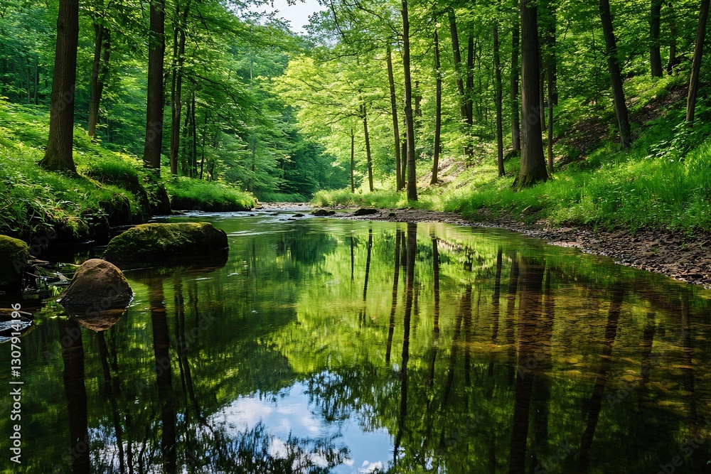 Poster tranquil forest scene showcasing a clear stream reflecting lush greenery and bright blue sky : gener