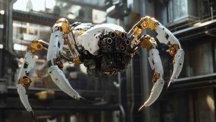 Futuristic spider-like robot with weaponry in an urban industrial setting.