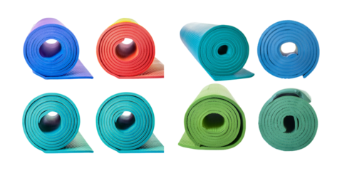 Colorful Yoga Mats Rolled Up in Various Shades for Fitness Enthusiasts