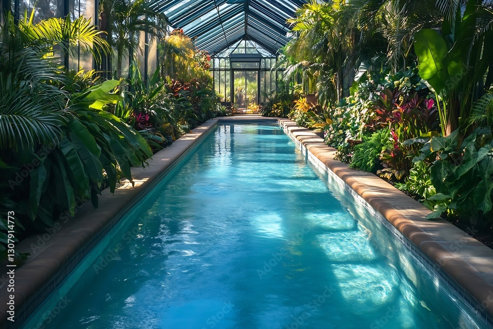 Aufkleber serene indoor swimming pool embellished with greenery and colorful blooms in a glass-enclosed space 