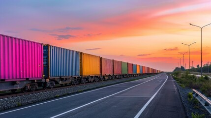 Fototapeta premium Vibrant freight train transporting containers under twilight skies landscape