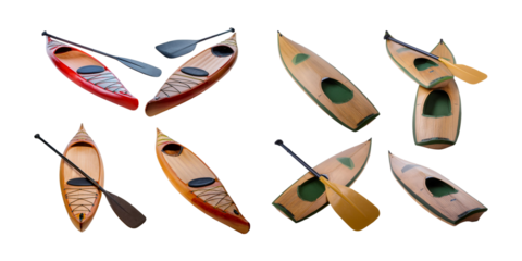 Colorful Kayaks and Paddles on White Background for Outdoor Activities, isolated on transparent background