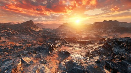 Obraz premium Fiery sunset over a rugged, mountainous landscape.