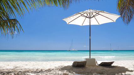 Beach calm scene with sunbeds and umbrella under coconut palms close to Caribbean sea. Tropical paradise with chaise lounges on white sand. Saona Island