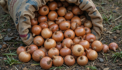 Farm Fresh Onions. A Burlap Sack Tumbles, Releasing Ripe Dry Onions.