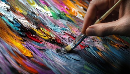 Fototapeta premium Artist painting with vibrant colors on canvas showcasing creative expression through brush strokes : Generative AI