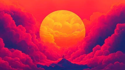 A vibrant digital artwork depicting a figure standing atop a mountain, silhouetted against a massive, fiery sun and dramatic, crimson clouds.