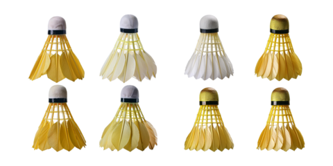 Collection of Nine Colorful Badminton Shuttlecocks on White Background