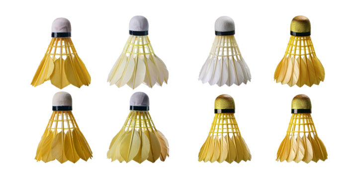 Collection of Nine Colorful Badminton Shuttlecocks on White Background