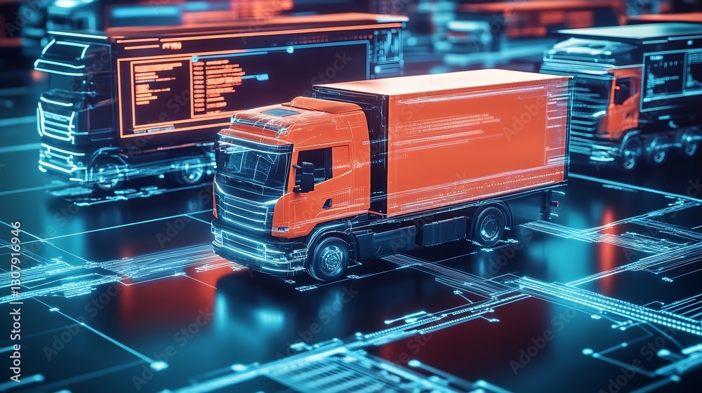Poster Futuristic 3D Rendering of Trucks on a High-Tech Network Displaying Data Analysis : Generative AI