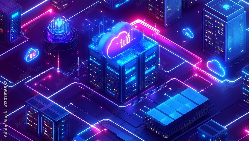 Poster Aerial view of a digital cloud network with vibrant neon colors and futuristic architecture representing technology : Generative AI