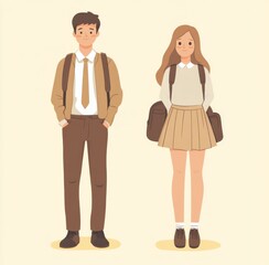 a male and female student in uniforms with backpacks. 