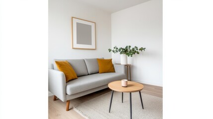 Fototapeta premium A minimalistic living room featuring a cozy gray sofa, stylish pillows, and a wooden coffee table for a welcoming ambiance.