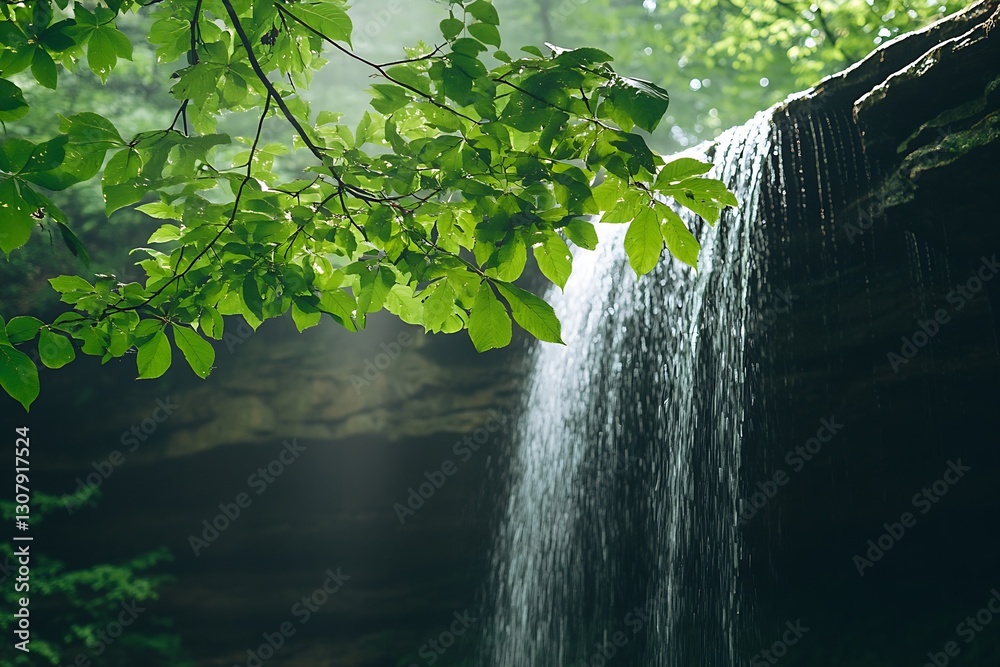 Aufkleber stunning waterfall cascading down rocky cliffs surrounded by lush green foliage and sunlight filteri