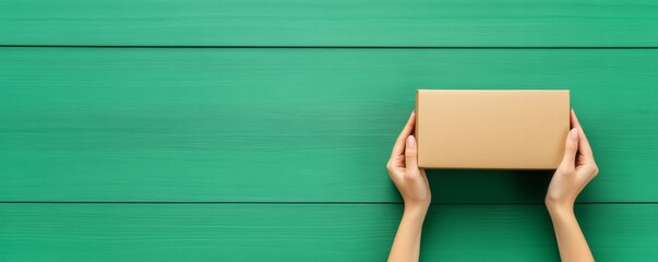 A pair of hands holding a brown carton box against a vivid green wooden surface, symbolizing packaging and delivery.