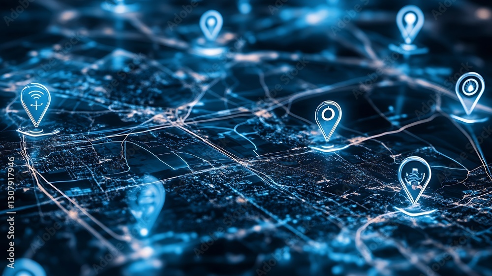 Fototapete High-tech digital map showcasing geolocation points in a connected city layout : Generative AI