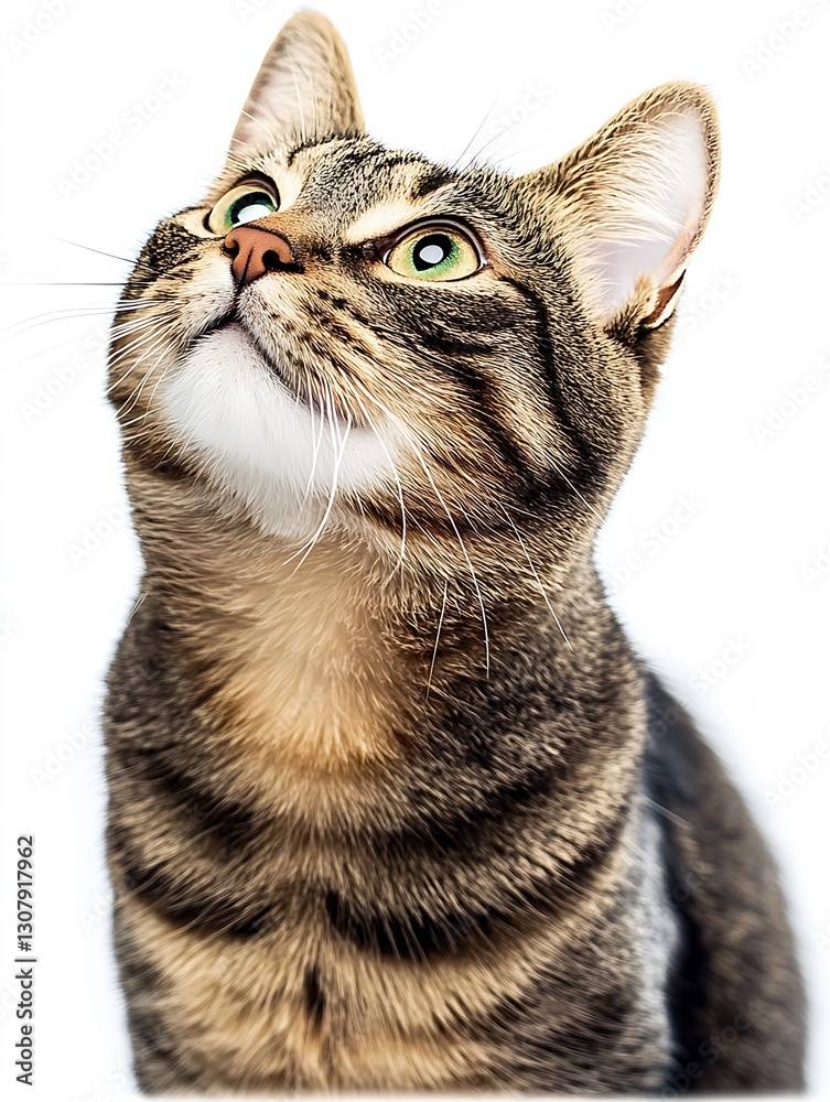 Aufkleber curious and playful tabby cat looking up with bright green eyes against white background : generativ
