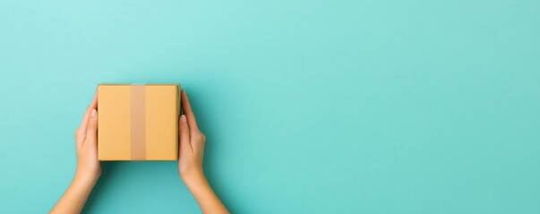 A person holding a cardboard box against a turquoise background, symbolizing shipping, delivery, and online shopping.