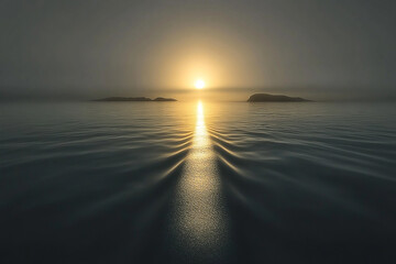 Fototapeta premium Serene sunset over calm waters, illuminating distant islands under a misty sky