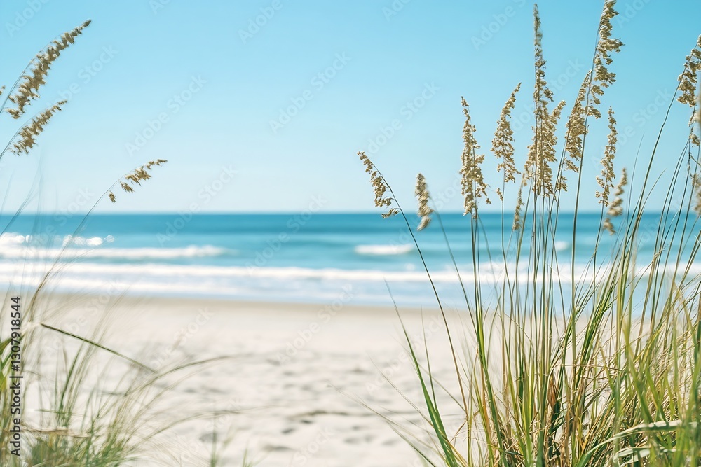 Aufkleber serene beach scene with tall grass and calm waves on a clear day : generative ai