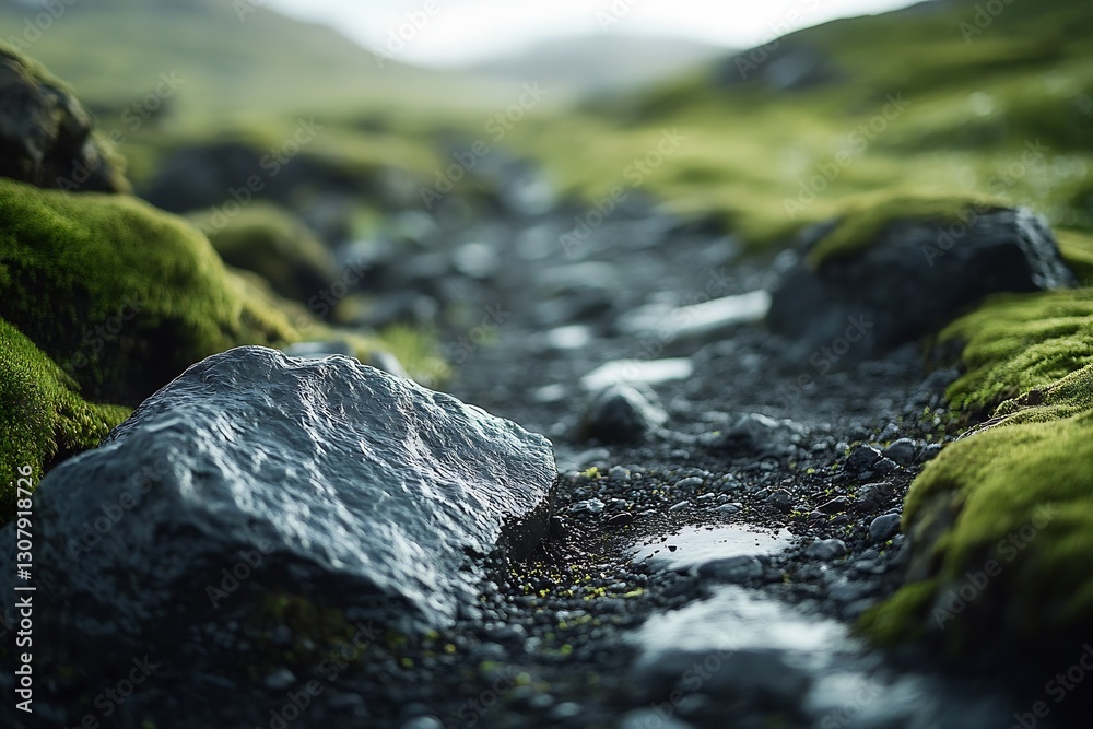 Poster Detailed view of a rocky path surrounded by lush greenery and moss in a serene landscape : Generative AI
