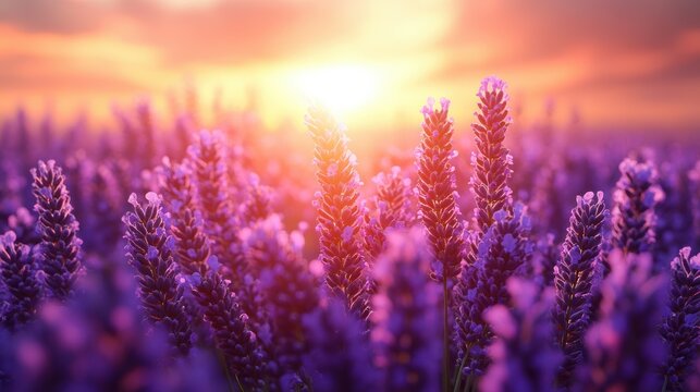 Lavender blooms beautifully in a vibrant field as the sun sets, showcasing its calming presence. This aromatic herb can be used in cooking, relaxation, and home remedies for wellness
