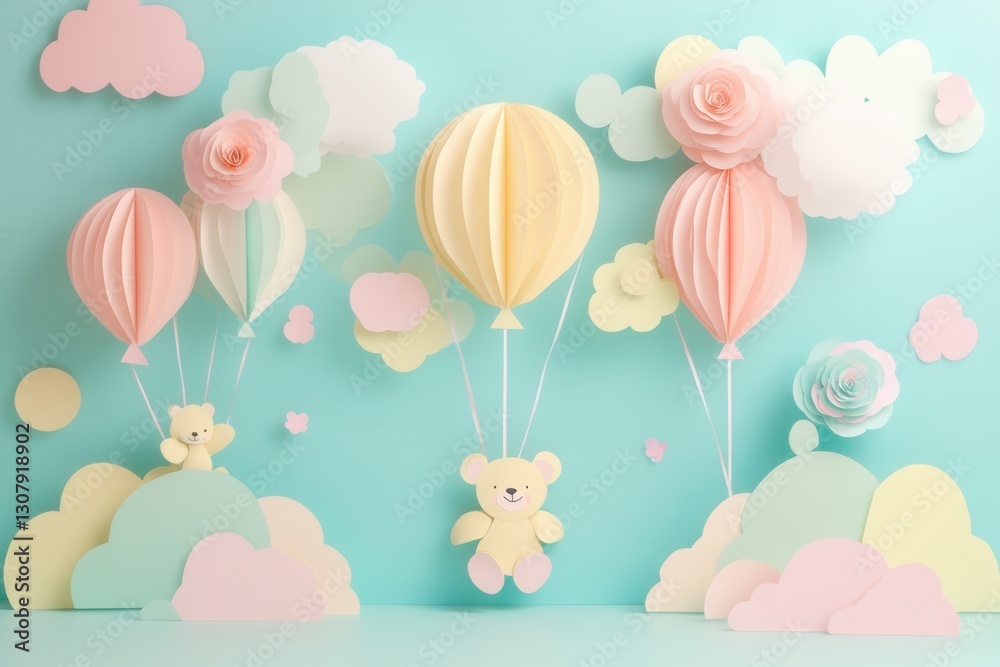 Aufkleber cute pastel cutout scene with balloons and teddy bears floating among playful clouds in a whimsical 