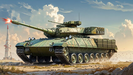 Powerful military tank firing a projectile in a vast desert landscape, showcasing advanced technology and the destructive capabilities of modern armored warfare