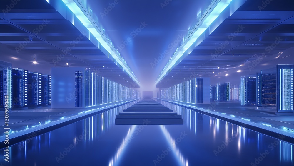 Aufkleber Futuristic data center interior with illuminated servers and pathways creating a tech wonderland : Generative AI