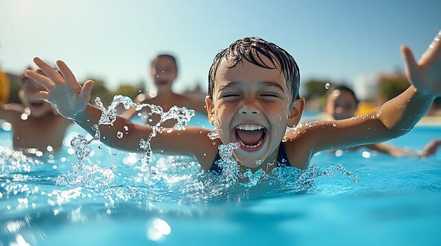 Joyful Children Splashed in Pool Enjoying Summer Fun with Water Activities : Generative AI
