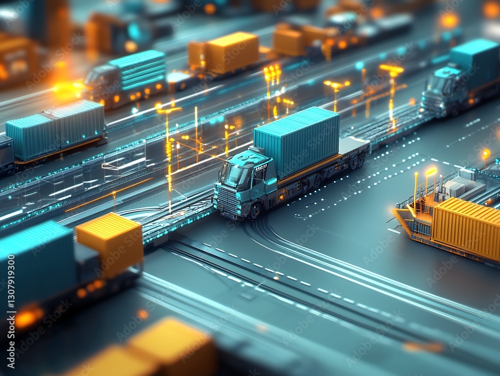 Poster aerial view of a bustling cargo transport hub with trucks and containers in a modern digital design 