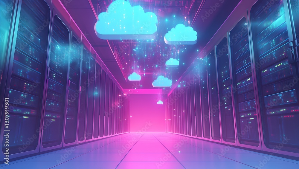 Poster Vibrant cloud shapes illuminating a data center hallway representing innovation in cloud technology and digital storage : Generative AI